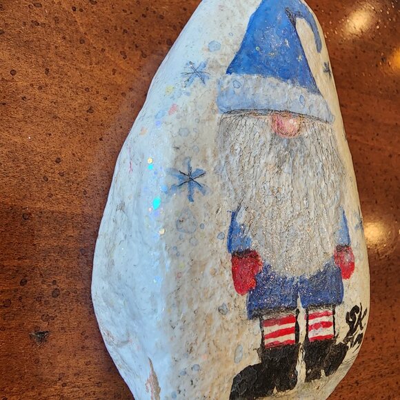 Christmas Holiday Gnome in Blue Santa Outfit with Snow Sparkles on a River Rock - Picture 4 of 10